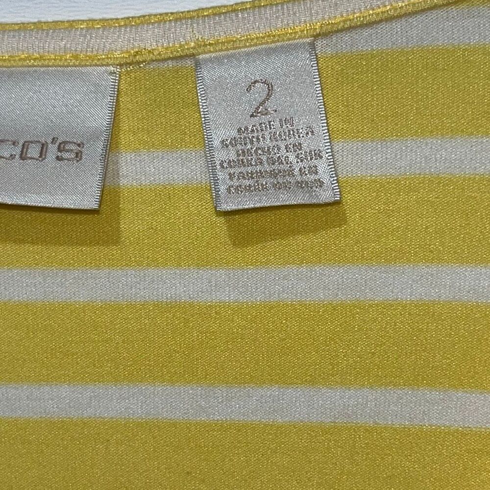 Chico's Women's Yellow White Miraculous Striped Tiered‎ Tunic Top Blouse Size 2 - Picture 5 of 9